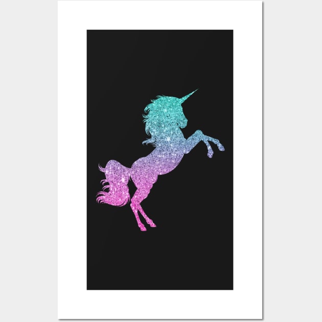 Bright Teal and Pink Ombre Faux Glitter Unicorn Wall Art by Felicity-K